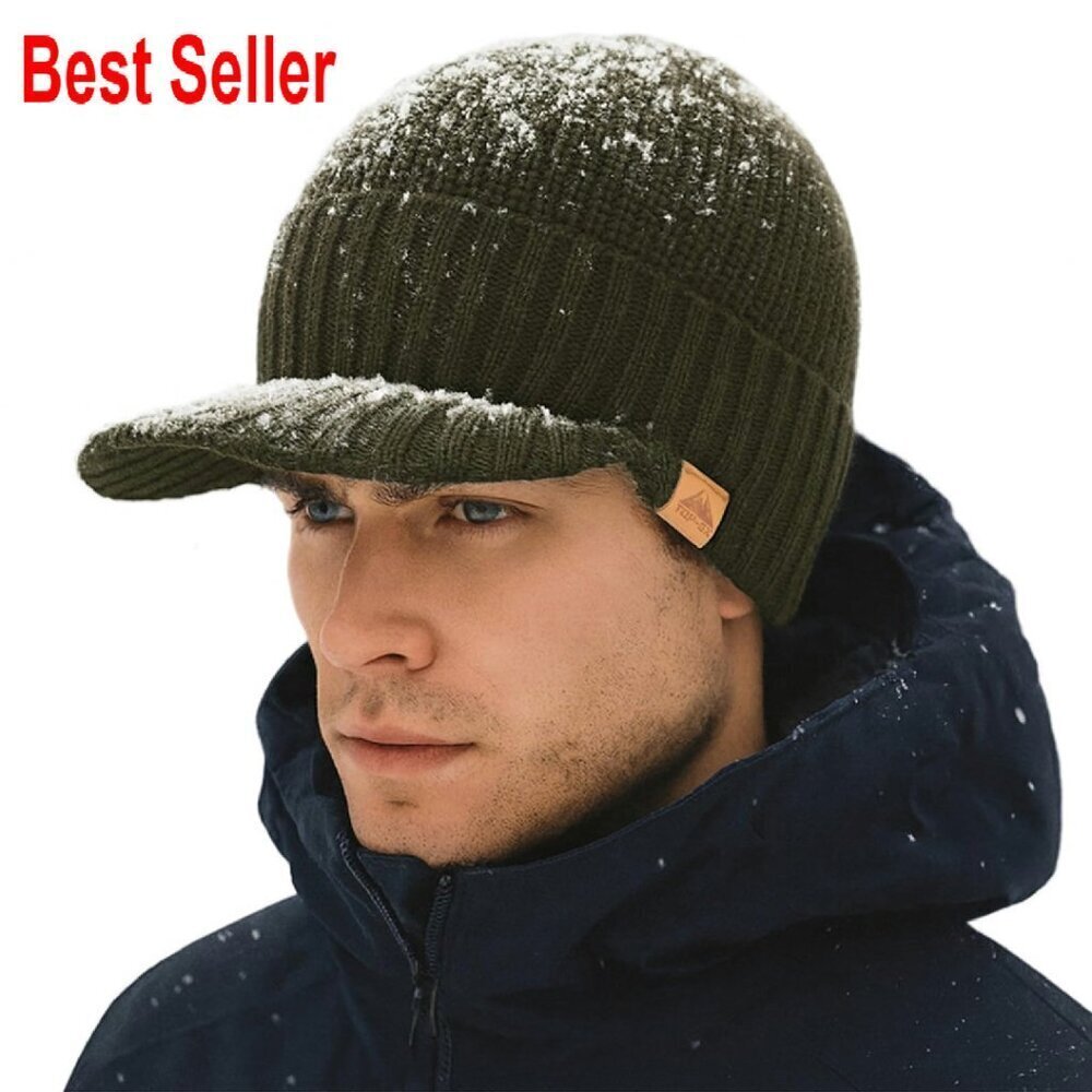 Waterproof Merino Wool Winter Beanie Fleece Lined Brim Cap Cold Weather